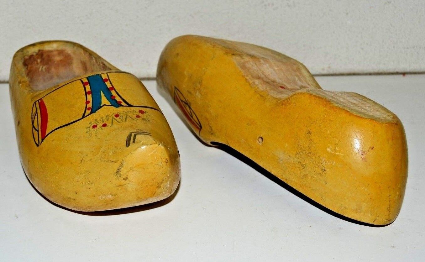 Vintage Yellow Dutch Wooden Clogs Hand Carved Painted WETT VV GED Holland Shoes