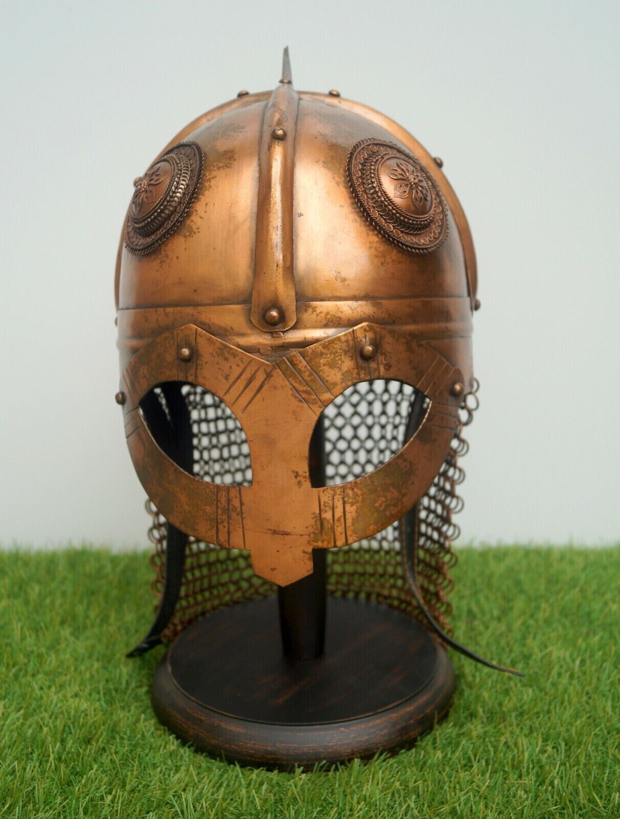 Viking spectacle helmet with chaimail head armour with display wooden stand gift