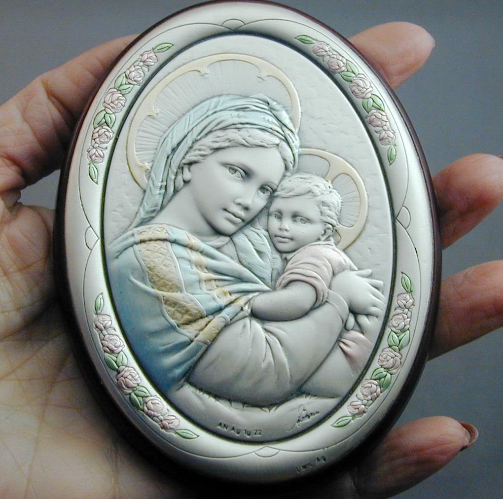 STUNNING Vintage Multi Colored AN Ag Artist Signed Madonna & Child Plaque Icon