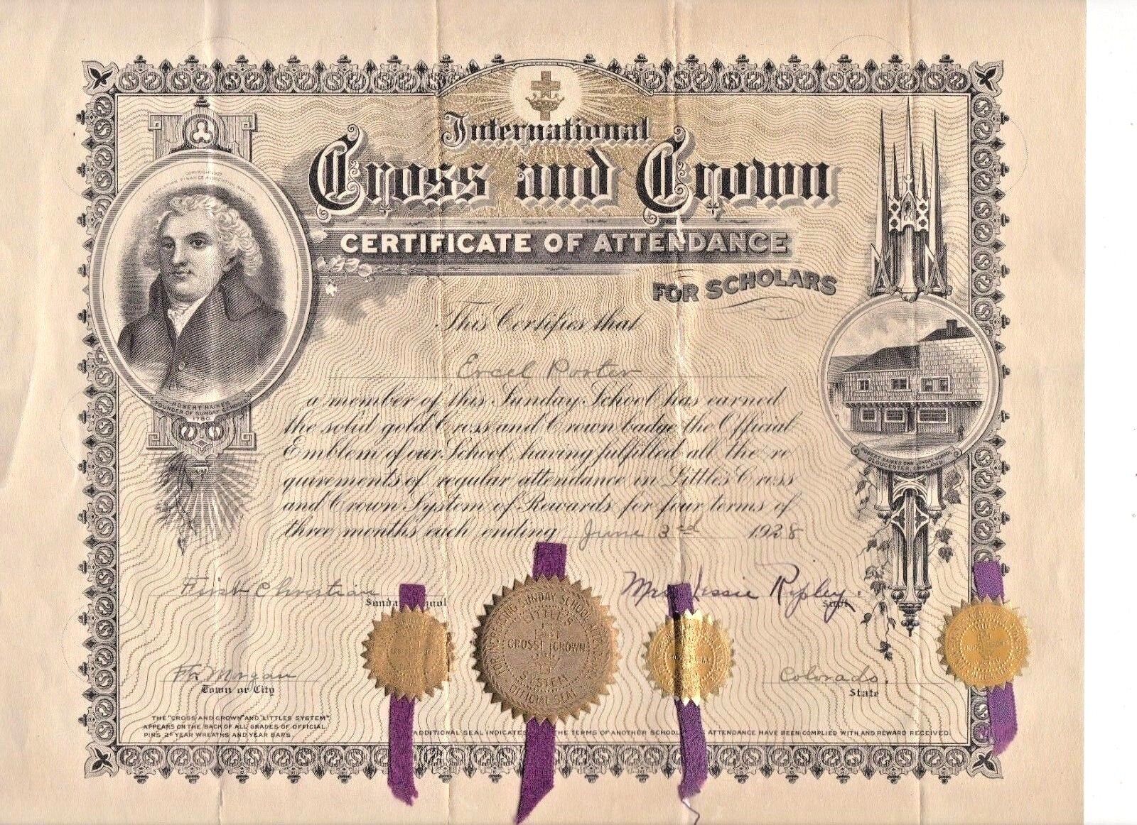 1928 Ft Morgan Colorado-First Christian Sunday School Certificate-Ercel Porter