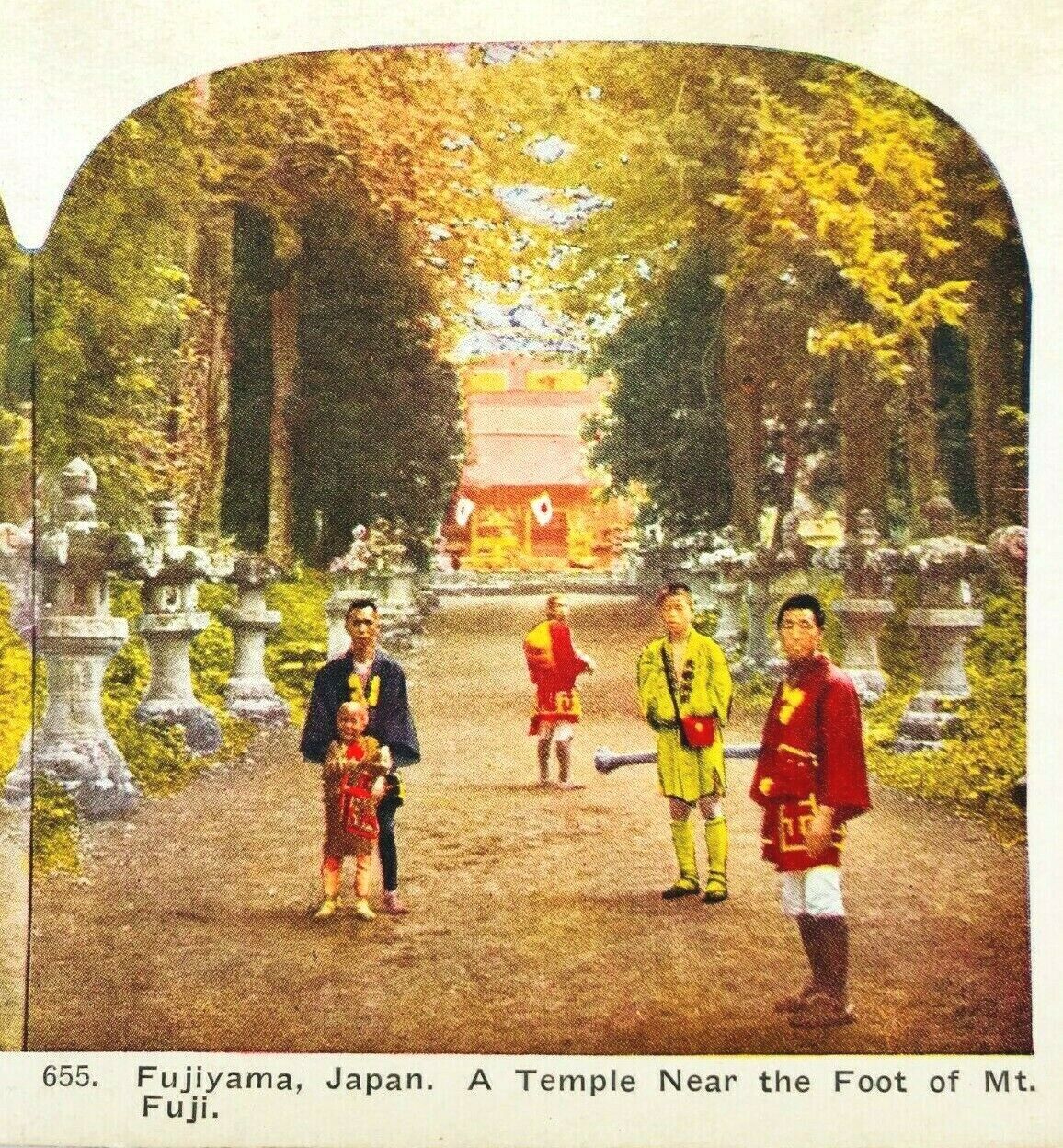 c1900 Ingersoll Japan Color Stereoview Temple near Mt Fuji, Fujiyama Litho  *A8