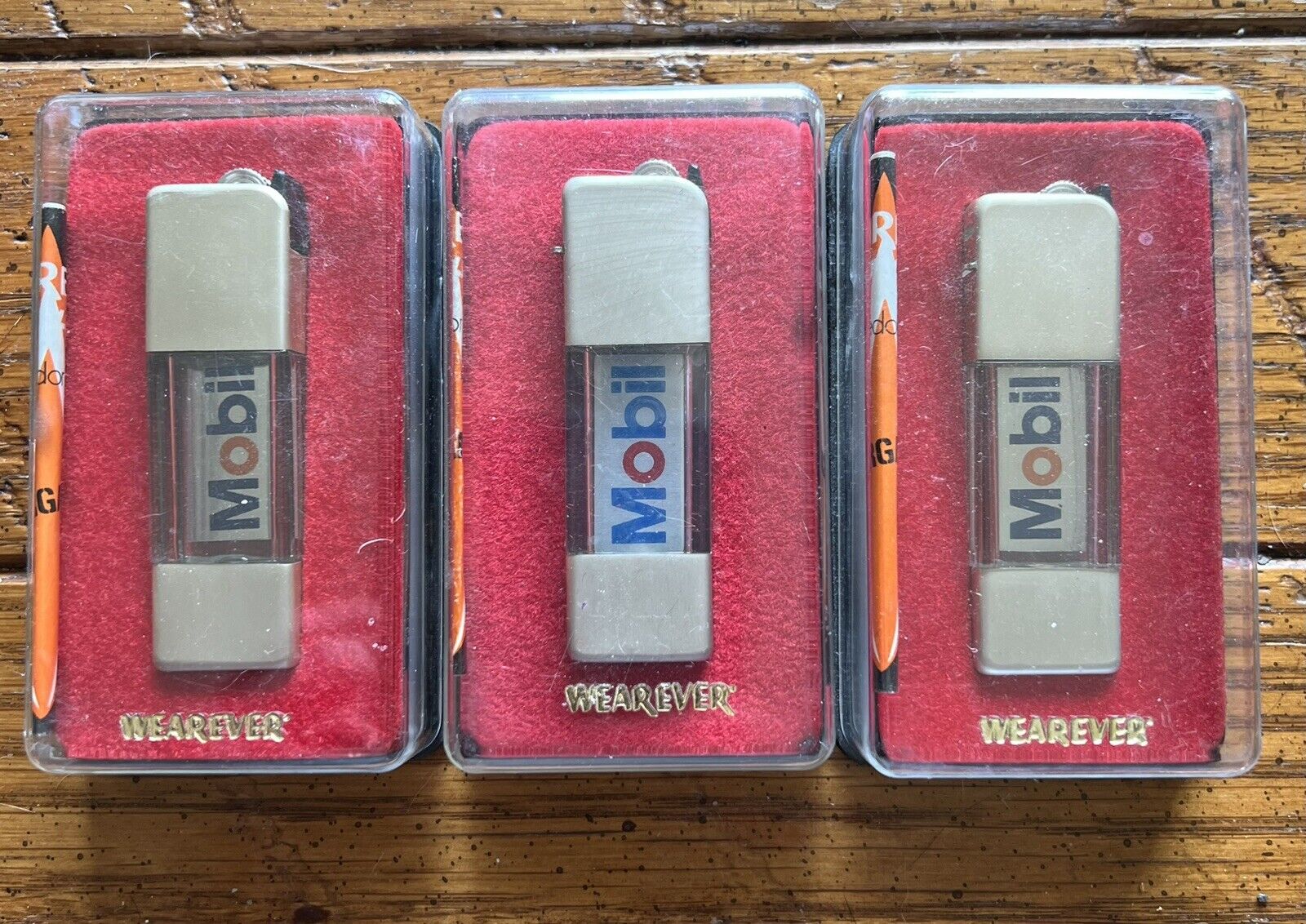 Three (3) Vintage Mobil Oil Gas Lighters. Identical New Old Stock (NOS).