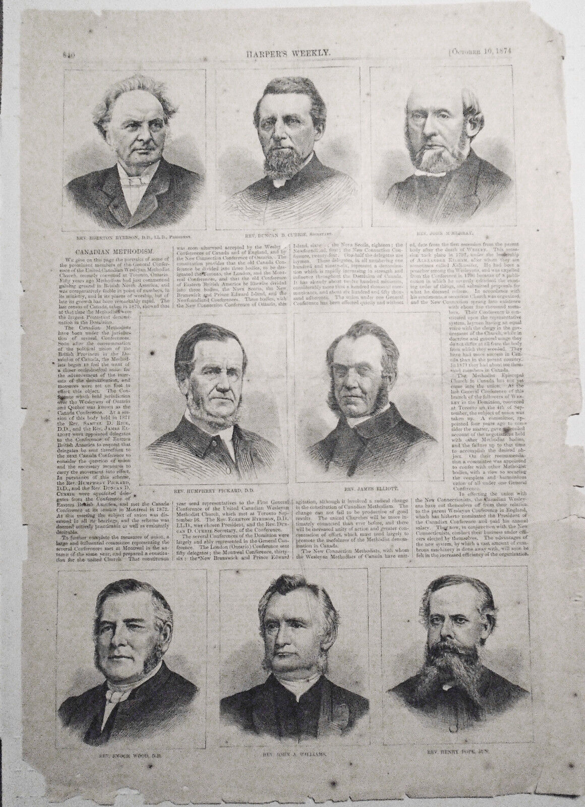 Canadian Methodism - Harper\'s Weekly, October 10, 1874 Original, Full Page.