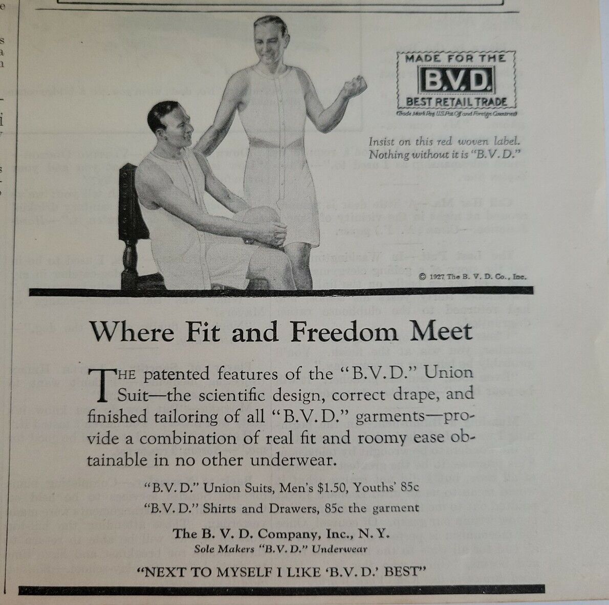 1927 BVD mens underwear where fit and freedom meet vintage ad