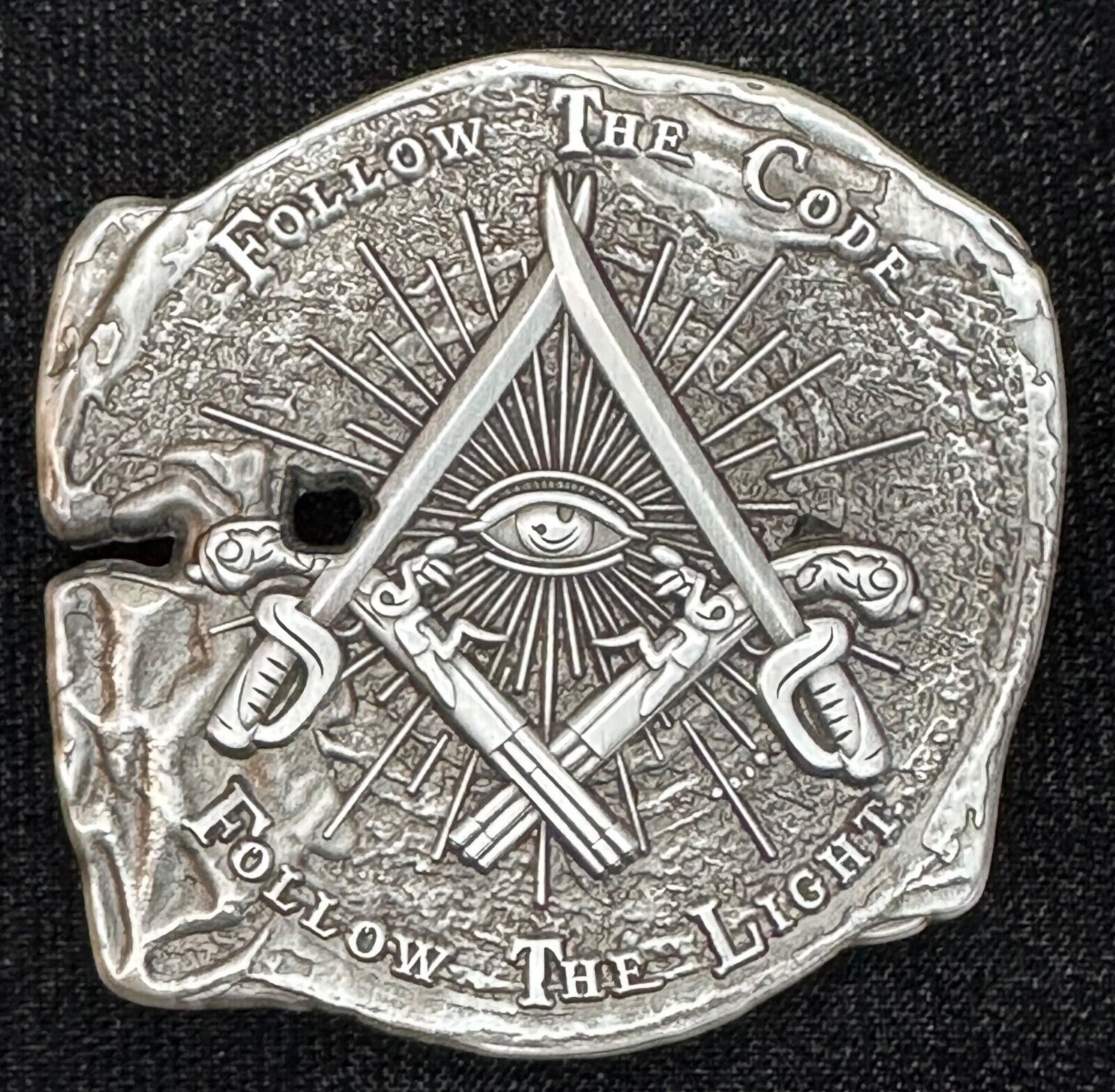 Doubloon Pirate Challenge coin with Freemason Masonic symbols, Antique silver