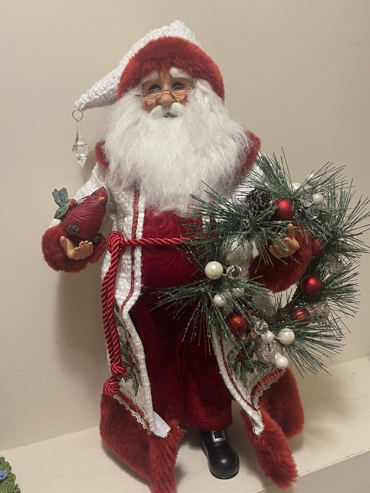 Karen Didion Originals Winter Serenity Santa Figurine, 17” Cardinal & Wreath EUC