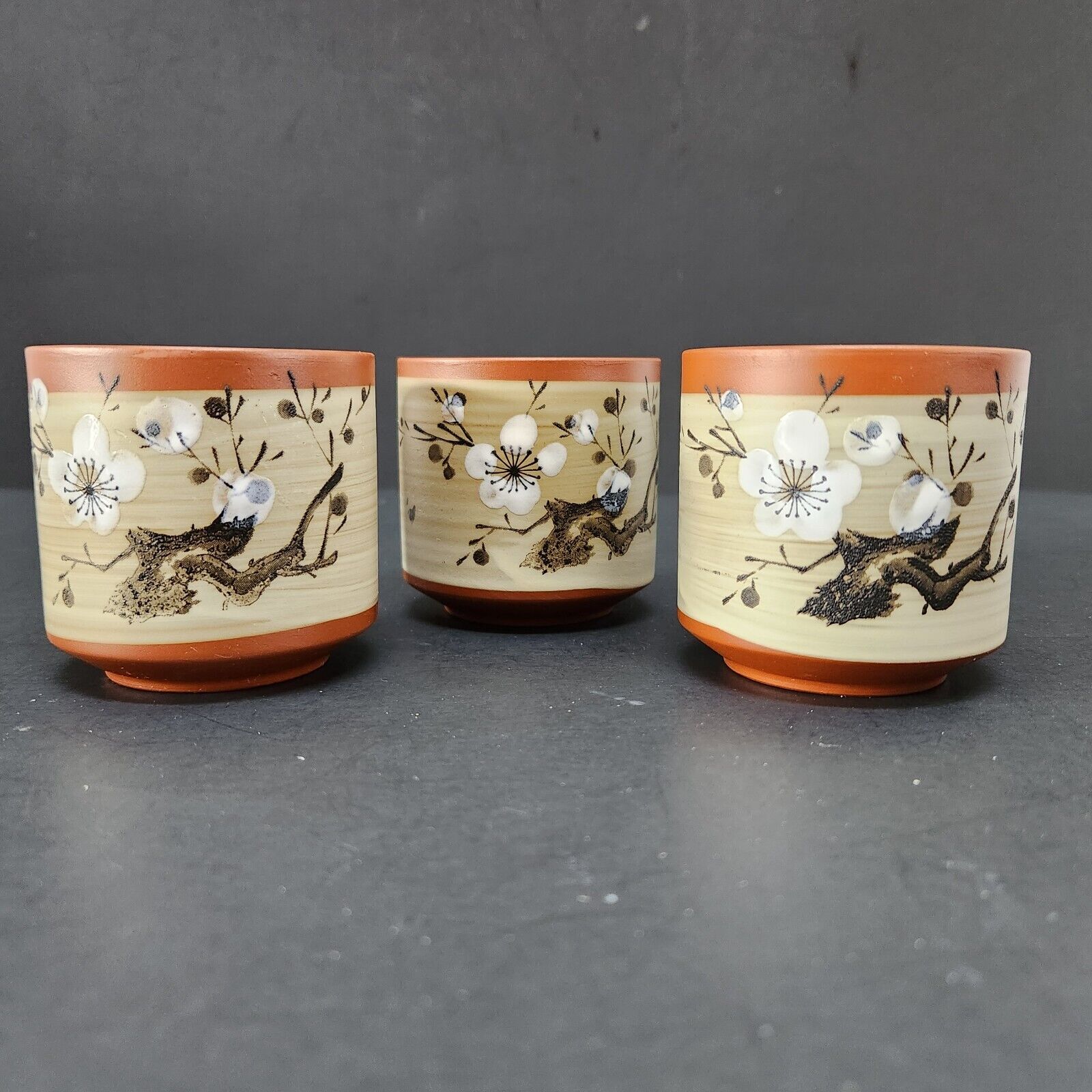 Three (3) Japanese Terracotta Tea Cups 5oz Hand Painted Cherry Blossom 2.5\