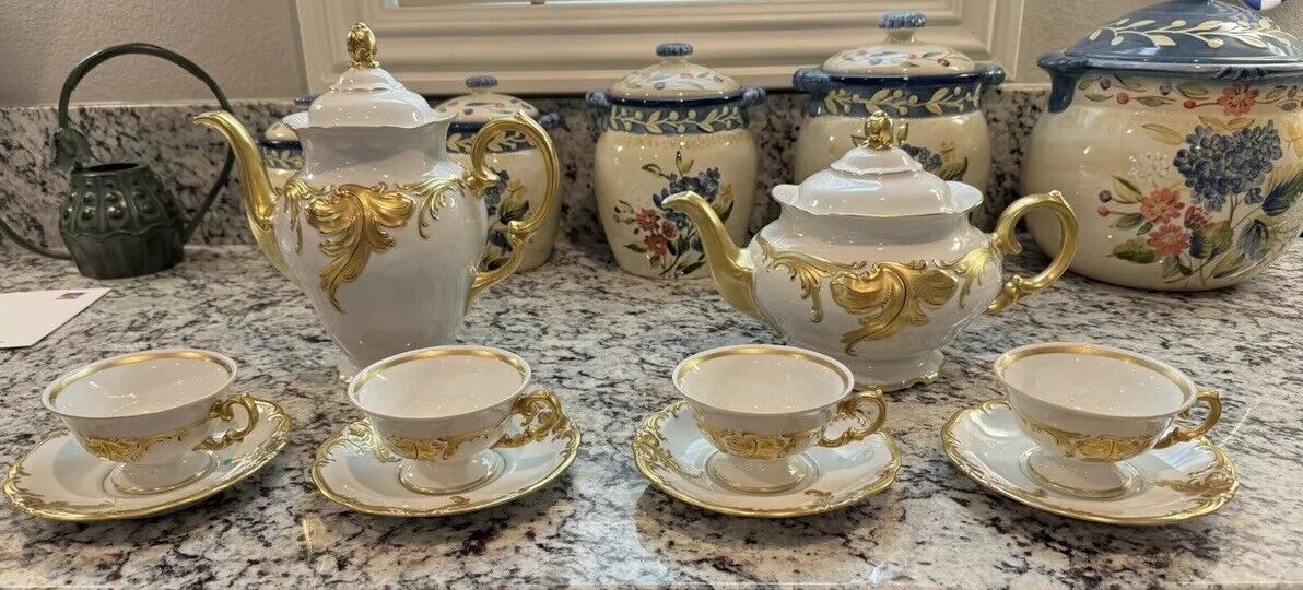 Walbrzych Polish Gold Leaf China. Coffee And Tea Service For 4, Never Used, 1970