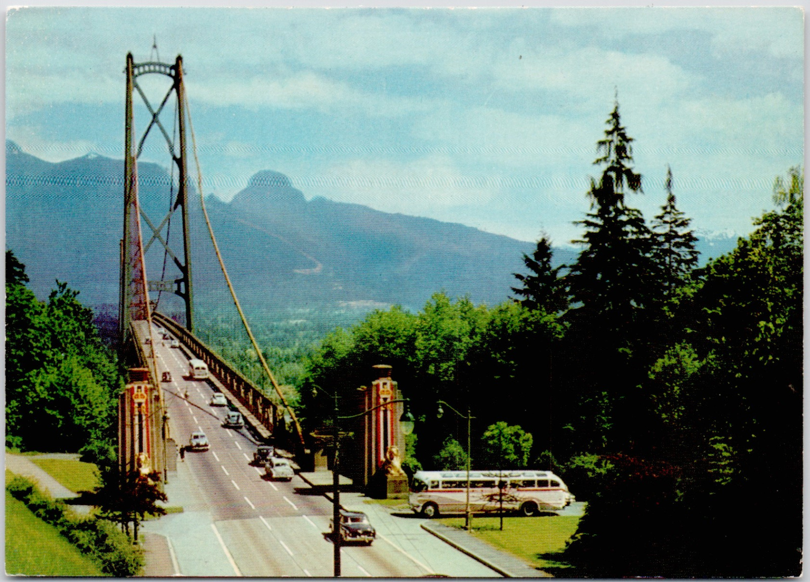 Vancouver British Columbia Canada Lions Gate Bridge Bus Cars Vintage Postcard