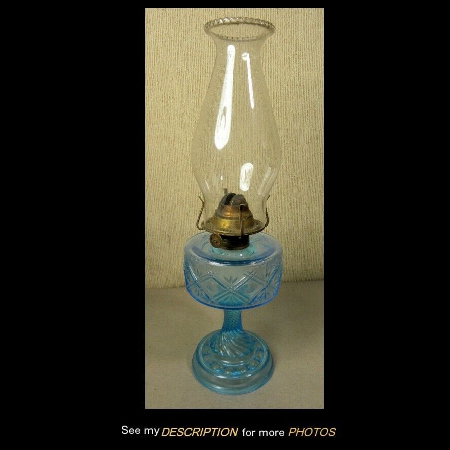  Antique 1870-90s EAPG Blue Kerosene Table Lamp