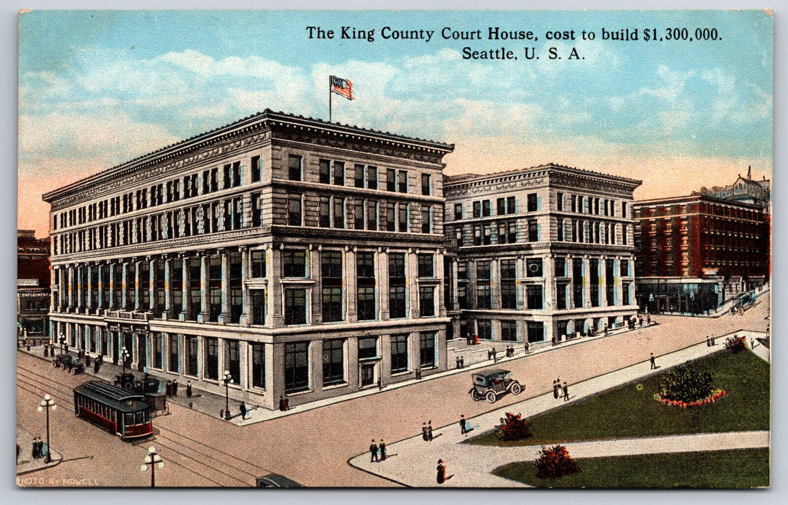 A799 Vtg Postcard  King County Court House Cresent Seattle Old Car Street View
