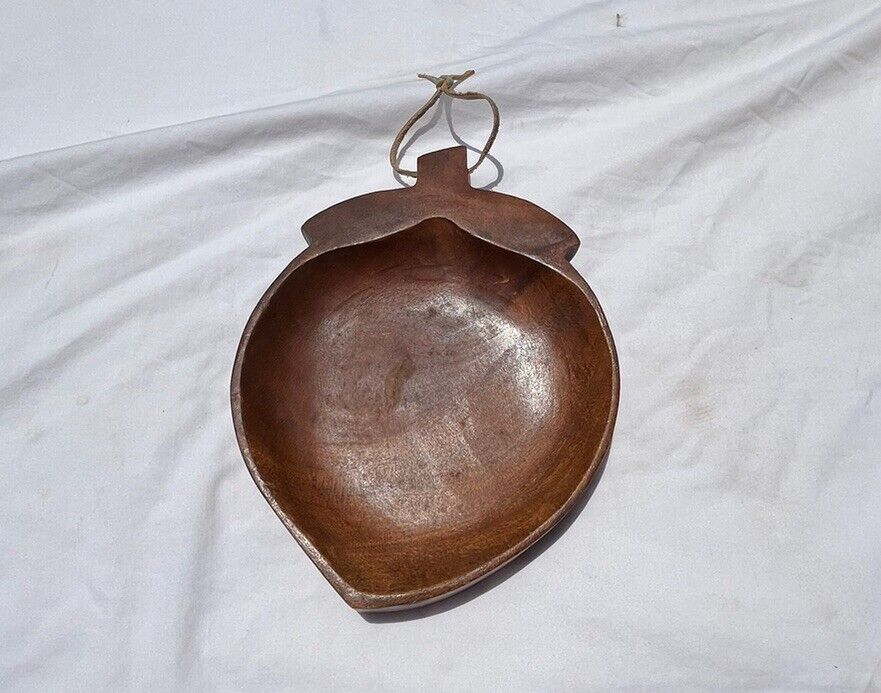 Acorn-Shaped Wood Nut Dish Tray Leather Hanger Hand-Crafted Philippines