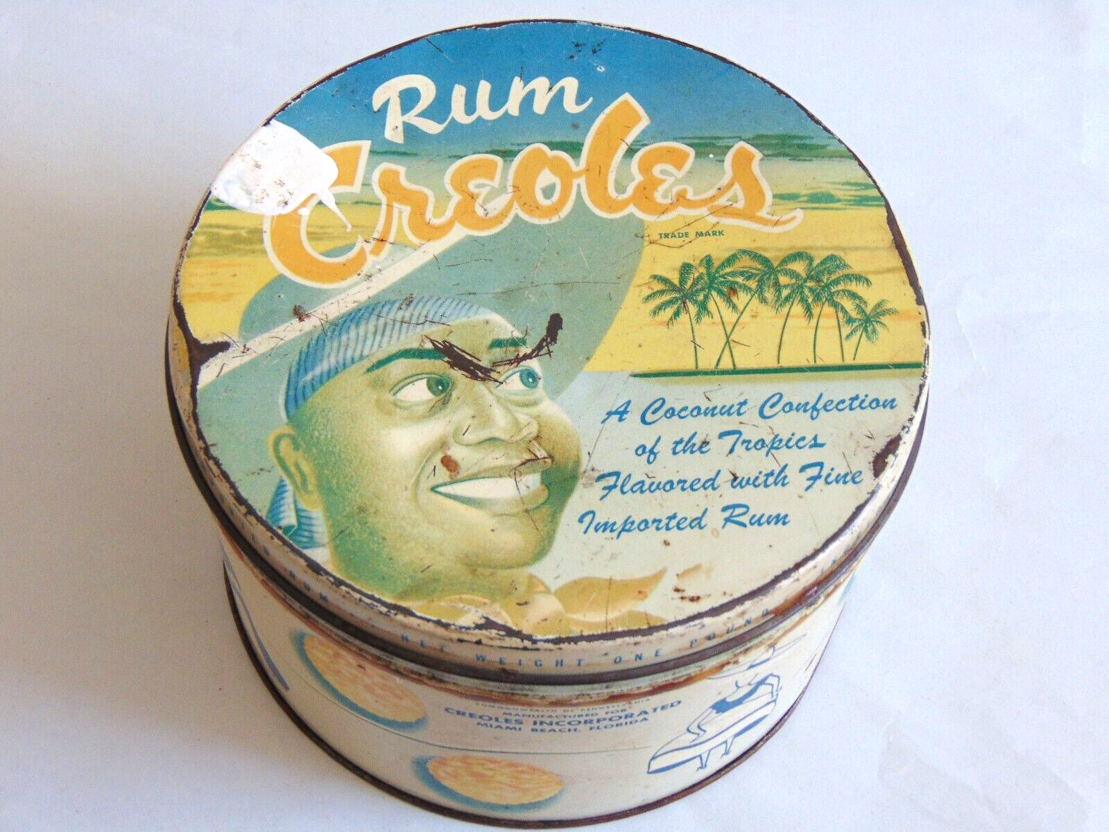 Rum Creoles Coconut Confection of the Tropics Round Tin Can Antique Well Worn