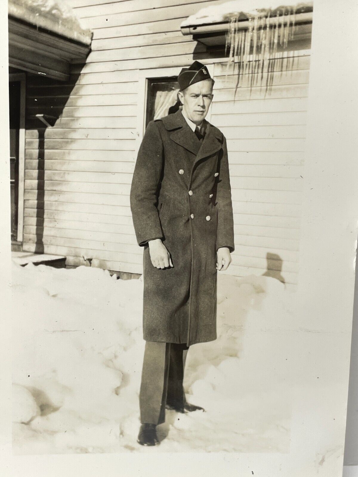 XF Photograph Handsome Military Man Uniform Coat Snow Icicles 1940\'s
