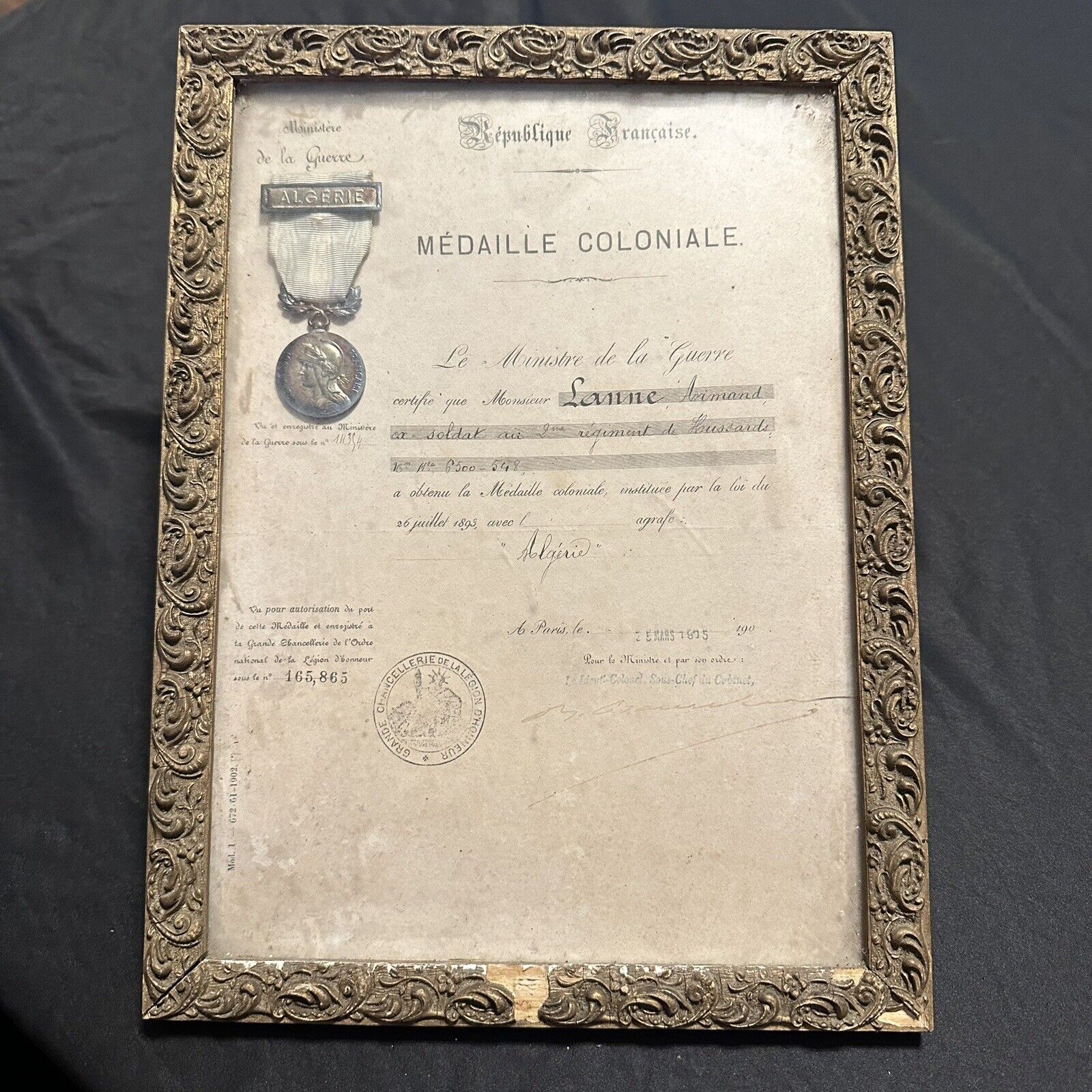 Original Pre WW1 French Colonial Medal W Algeria Clasp Framed W Diploma