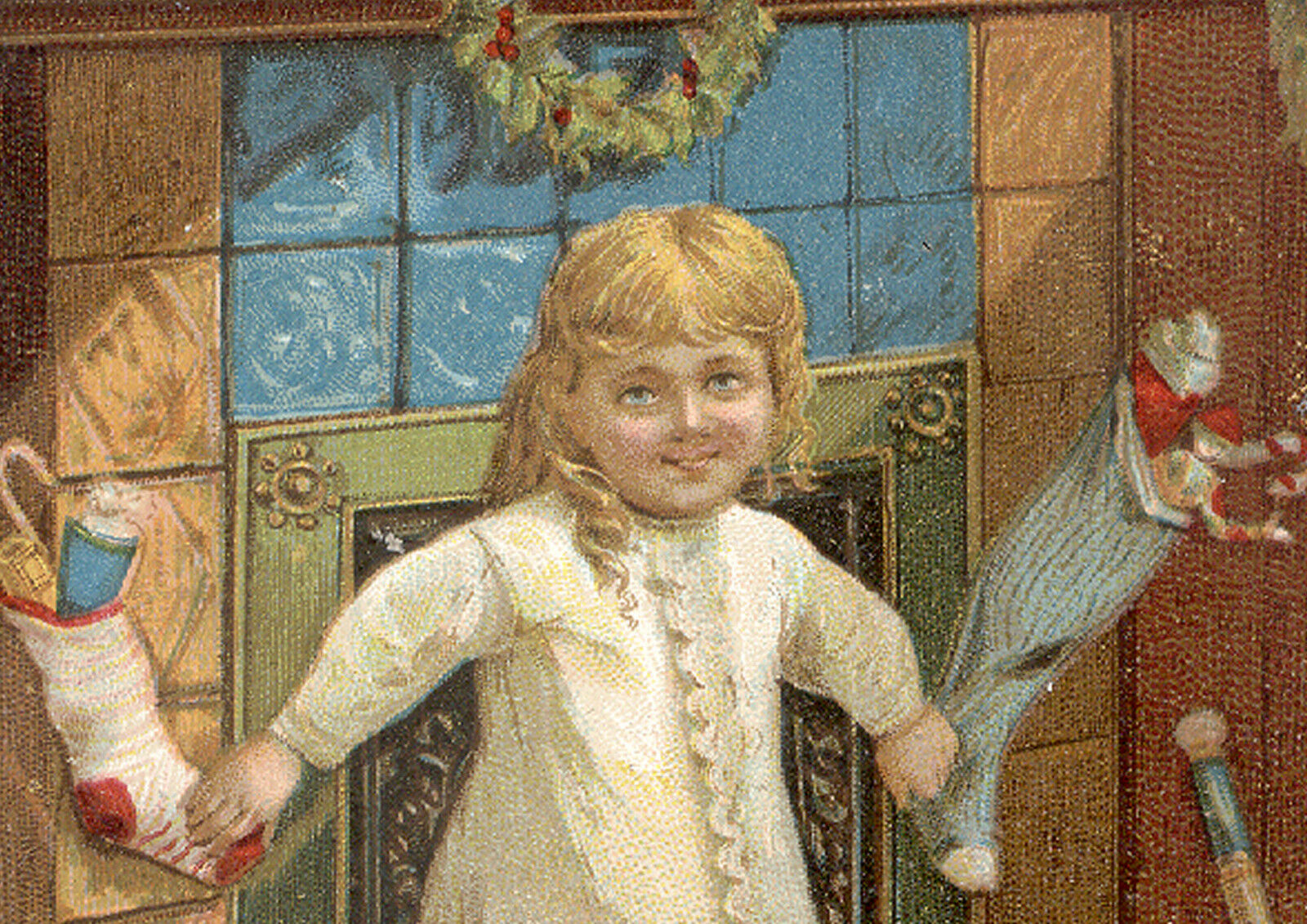 1880\'s DUBUQUE, IOWA NORWEGIAN PLOW CO. TRADE CARD, CHRISTMAS GIRL & TOYS  X585