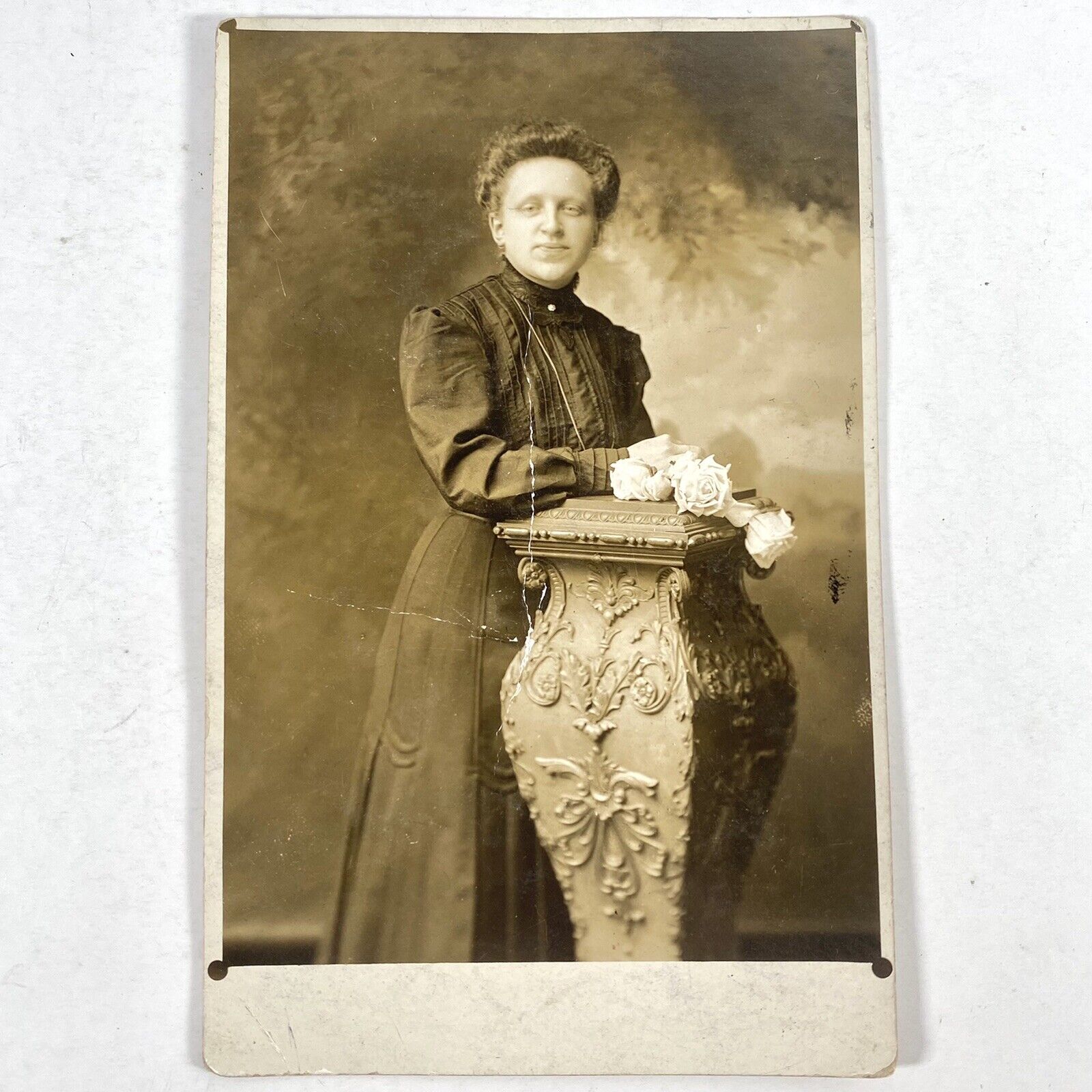 Antique Victorian Woman RPPC Studio Photo Vintage AZO Fashion C1900 White Roses