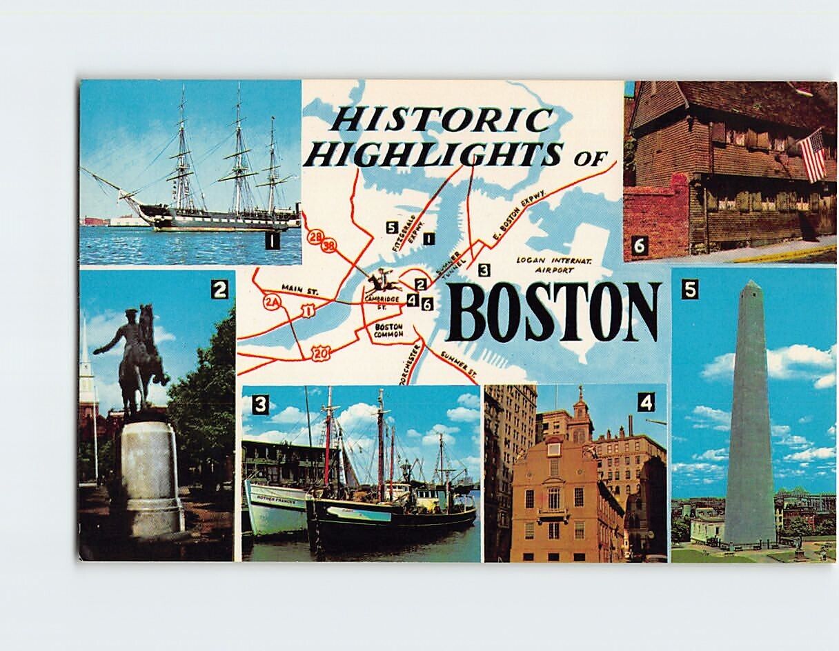 Postcard Historic Highlights & Map of Boston Massachusetts USA