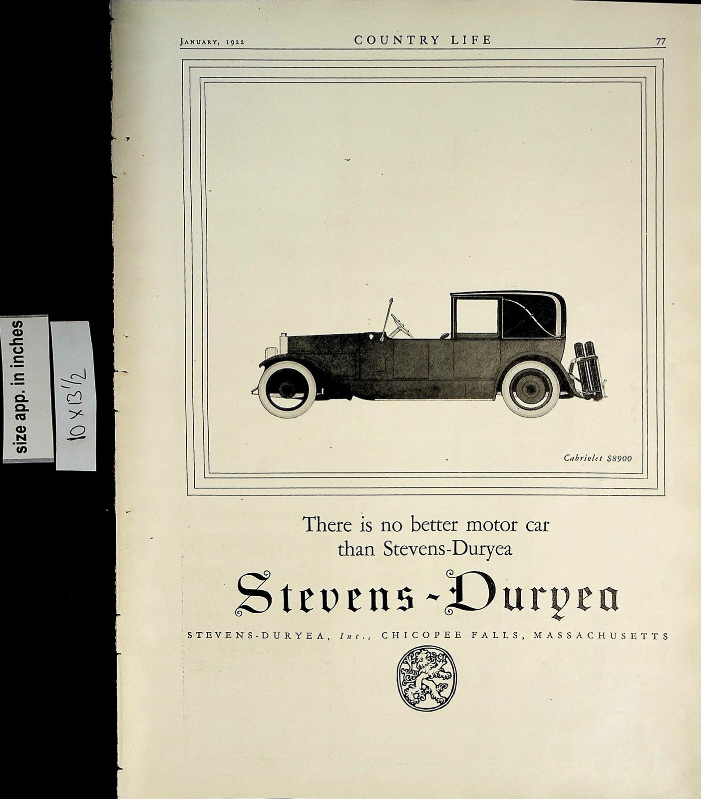 1922 Stevens Duryea Motor Car Massachusetts Vintage Print Ad 5679