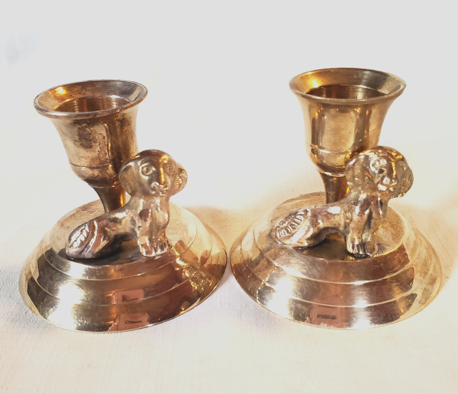Vintage Brass Candlestick Pair with Spaniel Dog Figures 2 1/2 \