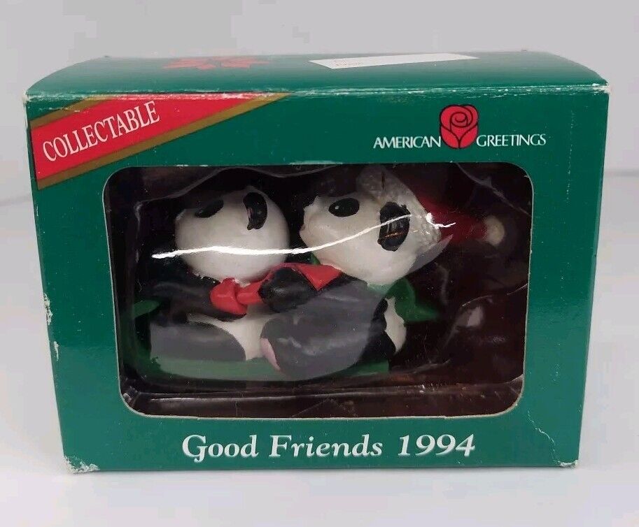 1994 American Greetings Ornament Good Friends PANDA Bears On Sled Santa Hat