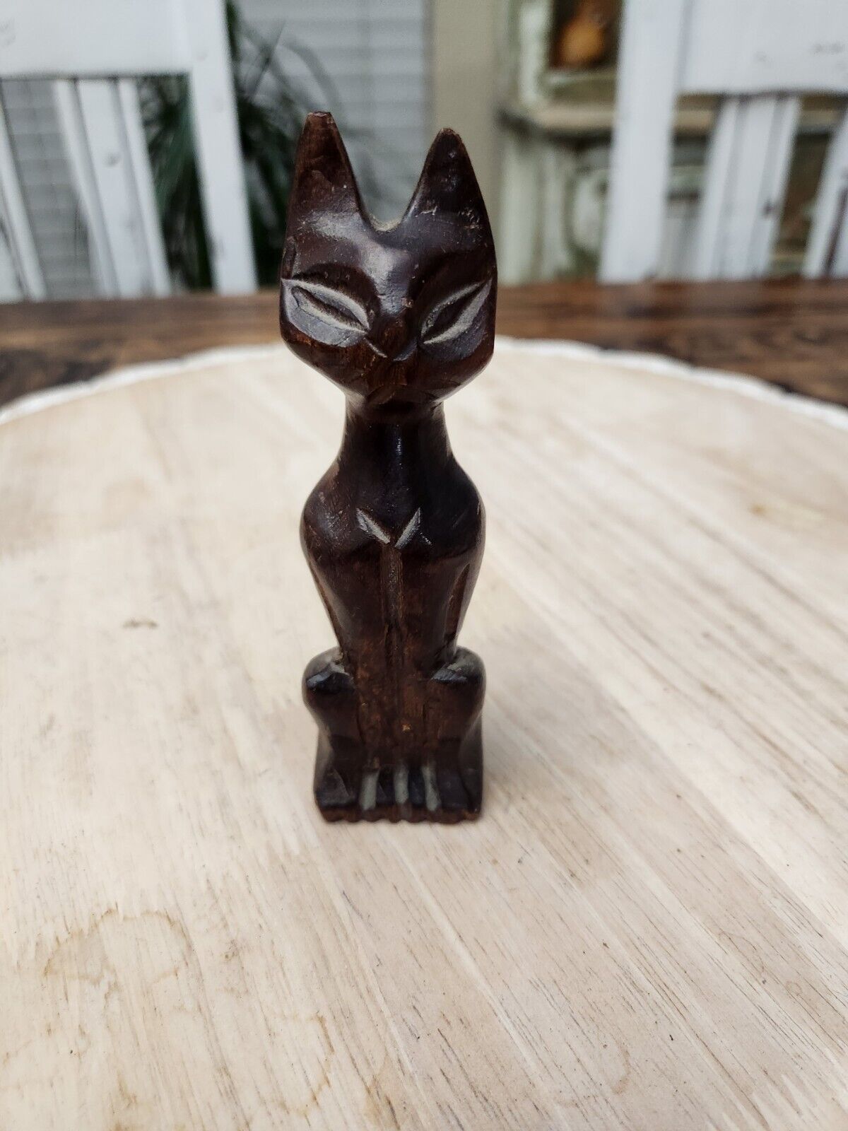 Vintage Teak Wood Siamese Cat Sculpture Mid Century Modern MCM Smug Kitty