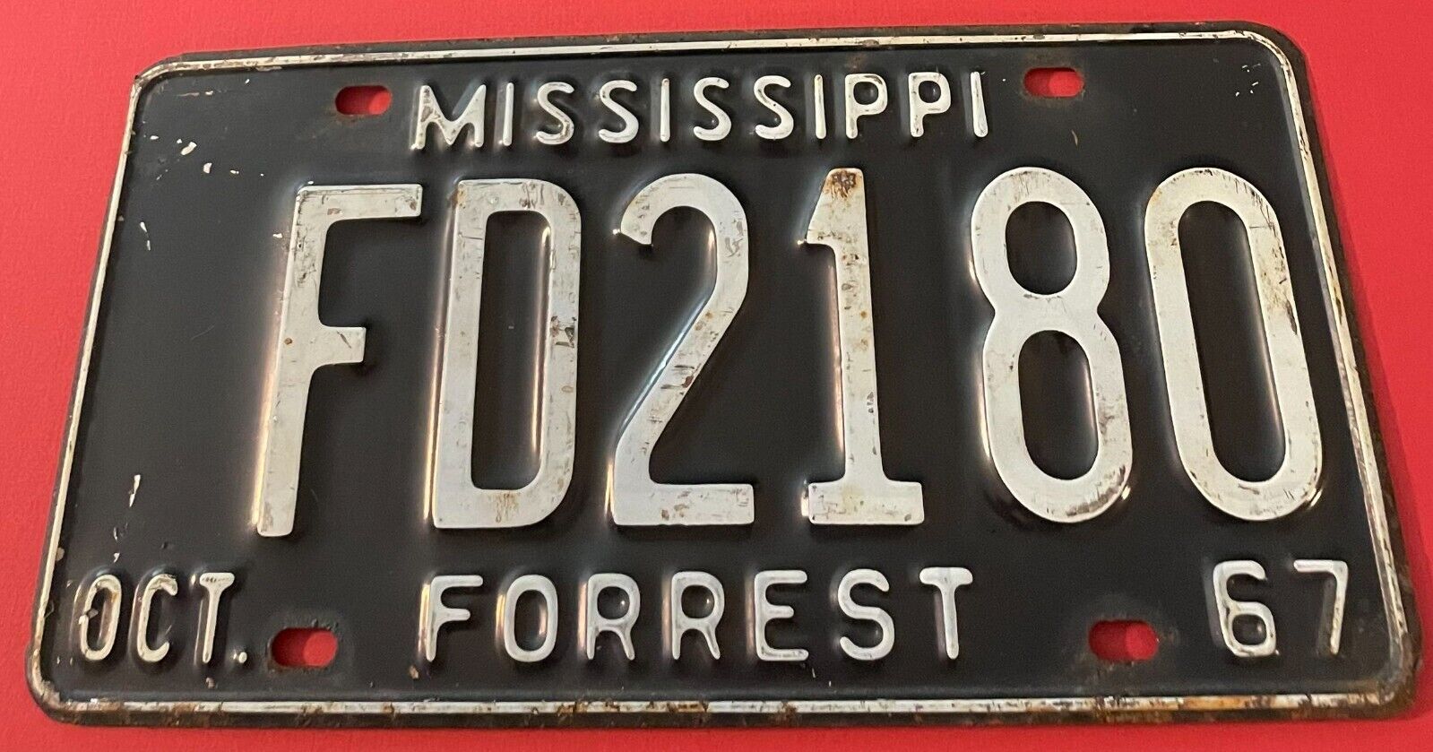 1967 Mississippi License Plate FD2180 Forrest County Hattiesburg Petal Glendale