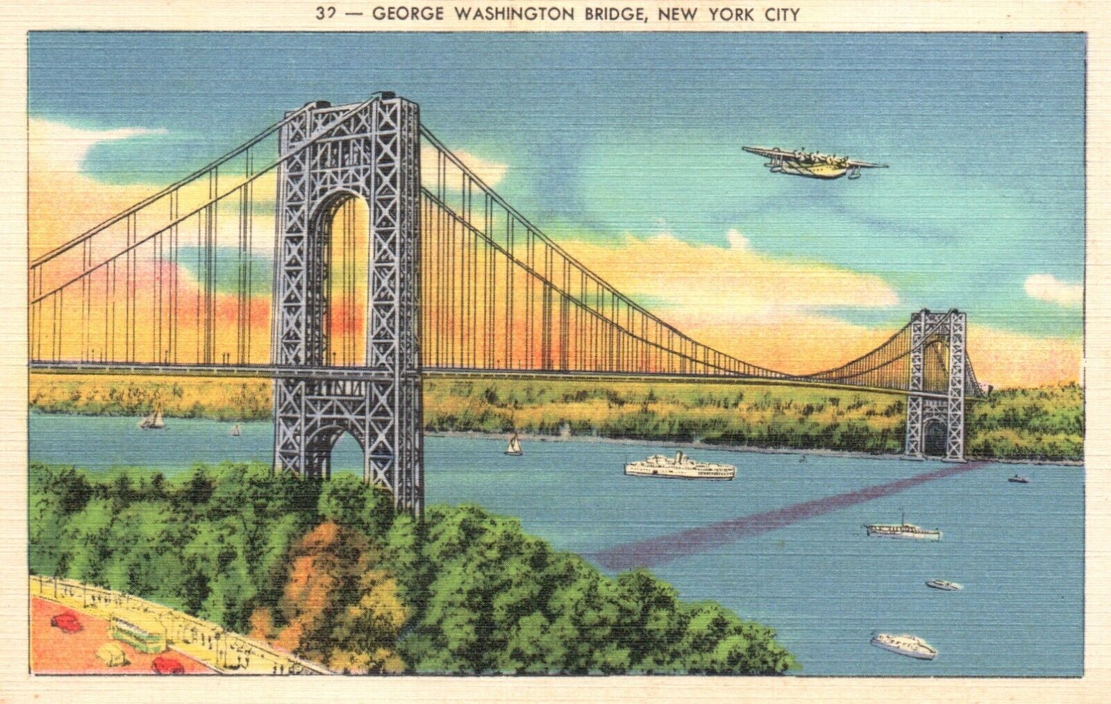 Postcard NY New York City George Washington Bridge Plane Linen Vintage PC H7007