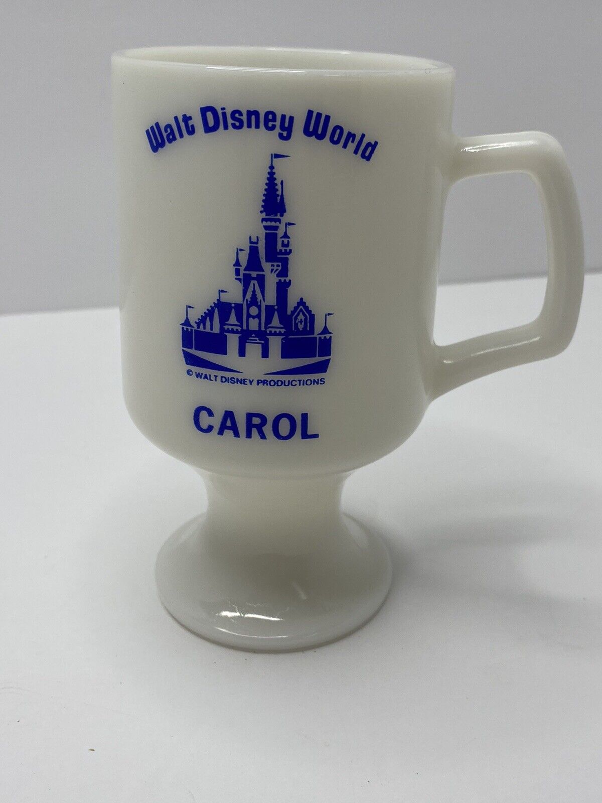 Vintage Walt Disney World CAROL White Milk Glass Footed Mug with Castle