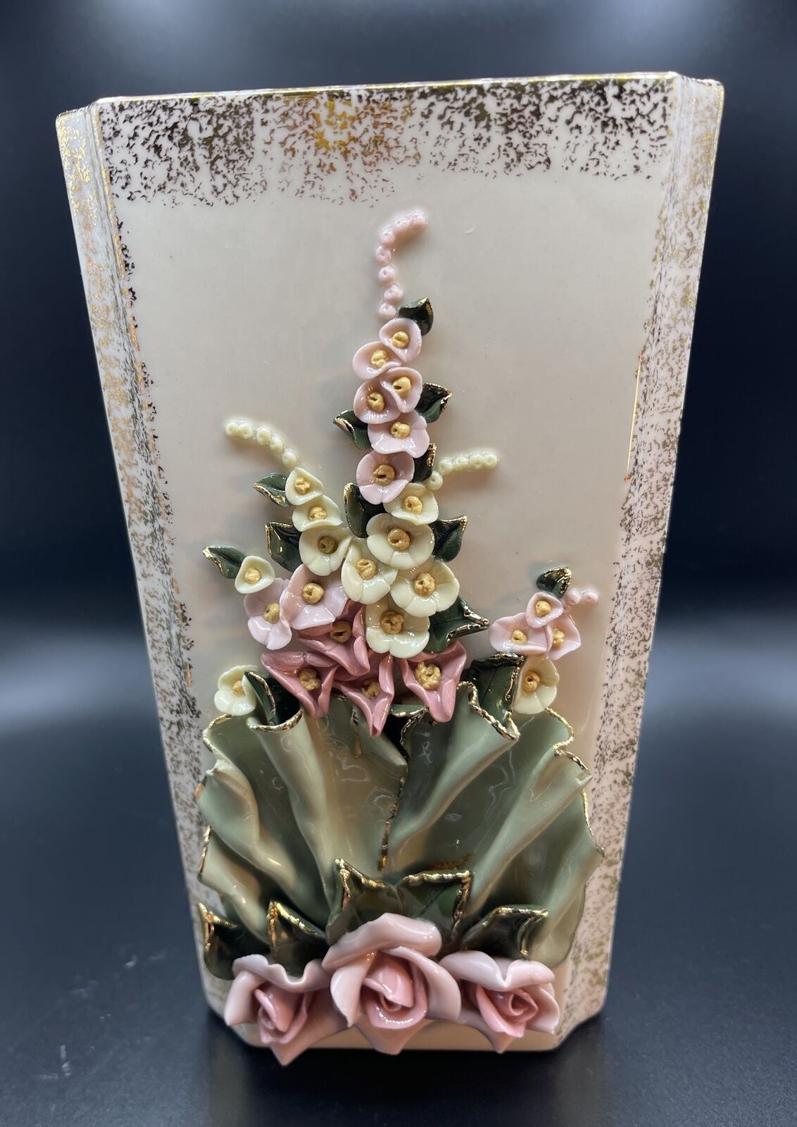Vintage Unique Ivory Bisque Porcelain Vase Raised Flowers Gold Trim  8”