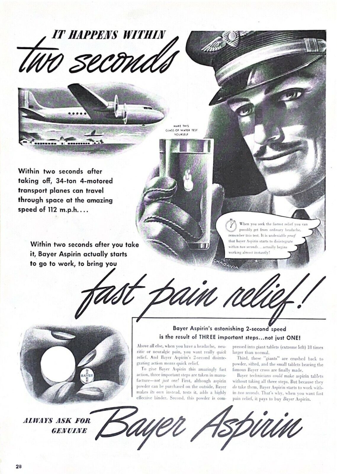 1946 Bayer Aspirin Vintage Print Ad Airplane Pilot It Happens Within 2 Seconds 