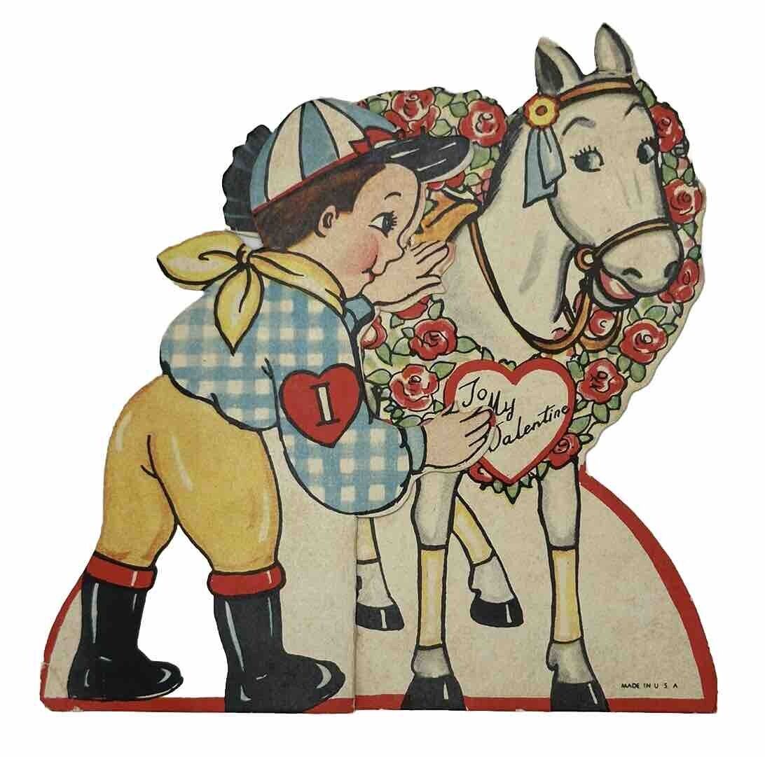 Antique RaceHorse & Jockey Valentine Card Wreath Of Roses