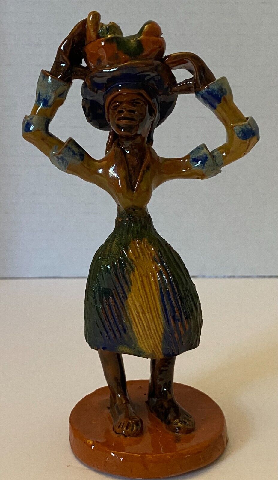 Vintage Red Clay Jamaican Lady W/Fruit Basket On Her Head Figurine 6.5” Tall