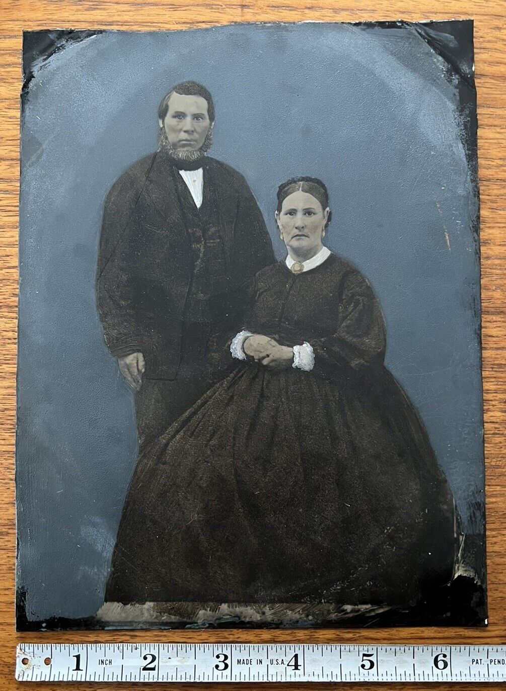 Antique Full Plate Tintype Photo Hand Painted Husband + Wife Maine 8.5” X 6.5”