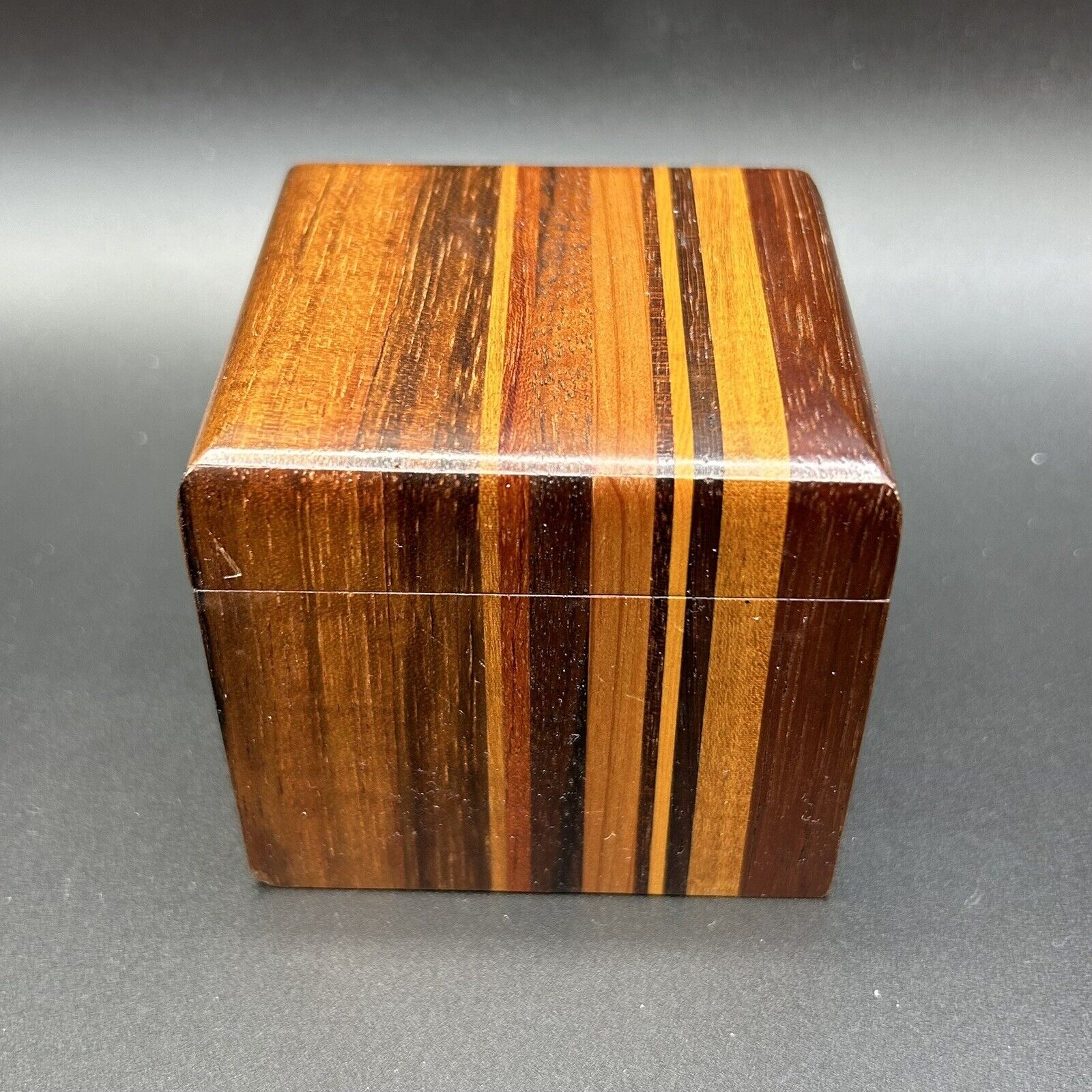 Beautifully Constructed Signed Handmade Wooden Square Trinket Box 2.5”