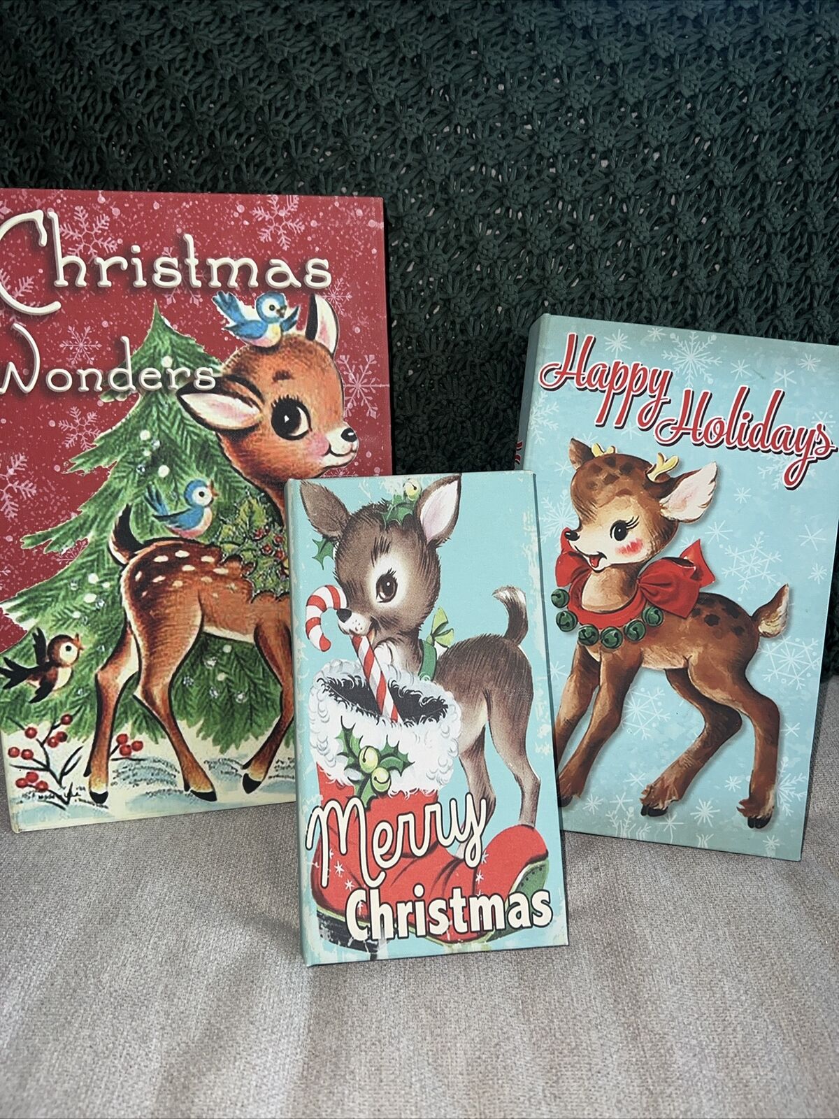 MR CHRISTMAS LARGE DECORATIVE Nesting BOOKS MUSIC BOX Set Of 3 VINTAGE  Reindeer