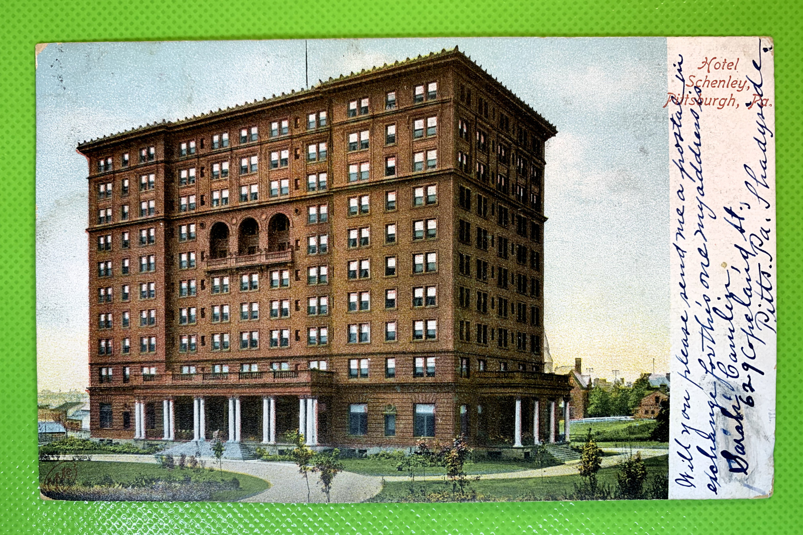 Hotel Schenley, Pittsburgh PA to New York City - Penpal - 1907 Antique Postcard