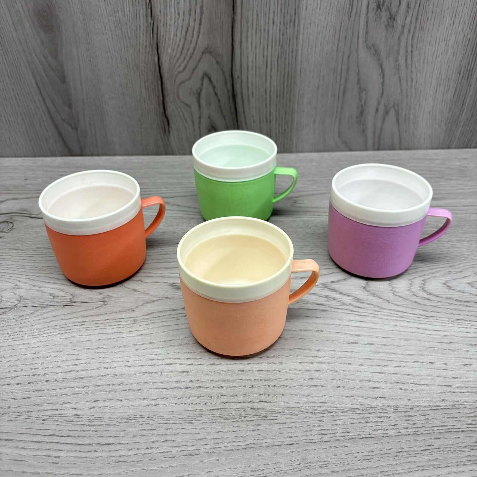 4 Vintage Therm-O-Ware Bolero Coffee Cups Mugs Light Wear Pink Green Purple
