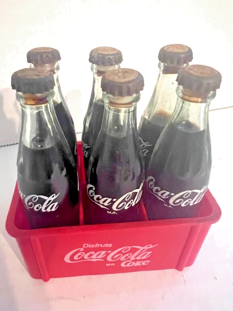 Vintage Miniature Coca Cola 6 Pack Glass Bottles and Plastic Holder