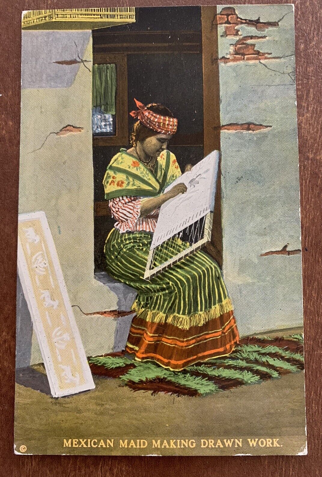 Vintage Color Postcard MEXICAN MAID MAKING DRAWN WORK IL Eno