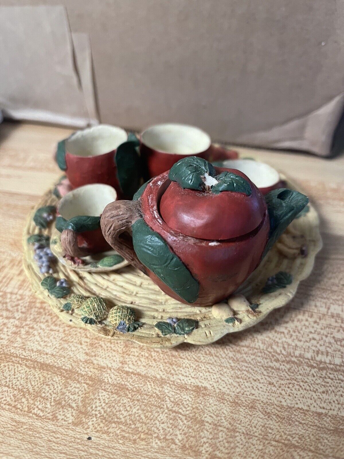 Miniature Apple Tea Set Vintage Fruit ArtMark? 9pcs Set MINI RARE Missing 1 Lid