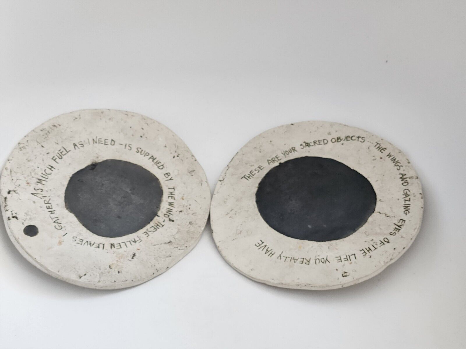 Set Of 2 Round Trivets or Plates Ceramic Handmade Meditational Poems Zen Haikus