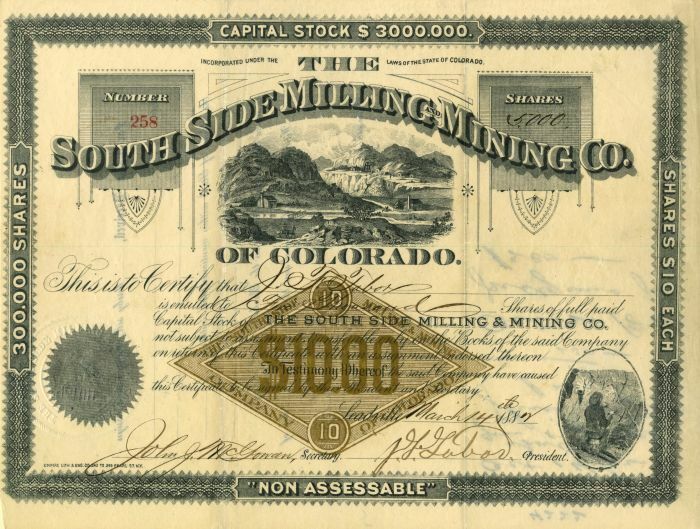 South Side Milling and Mining Co. - Stock Certificate - Mining Stocks