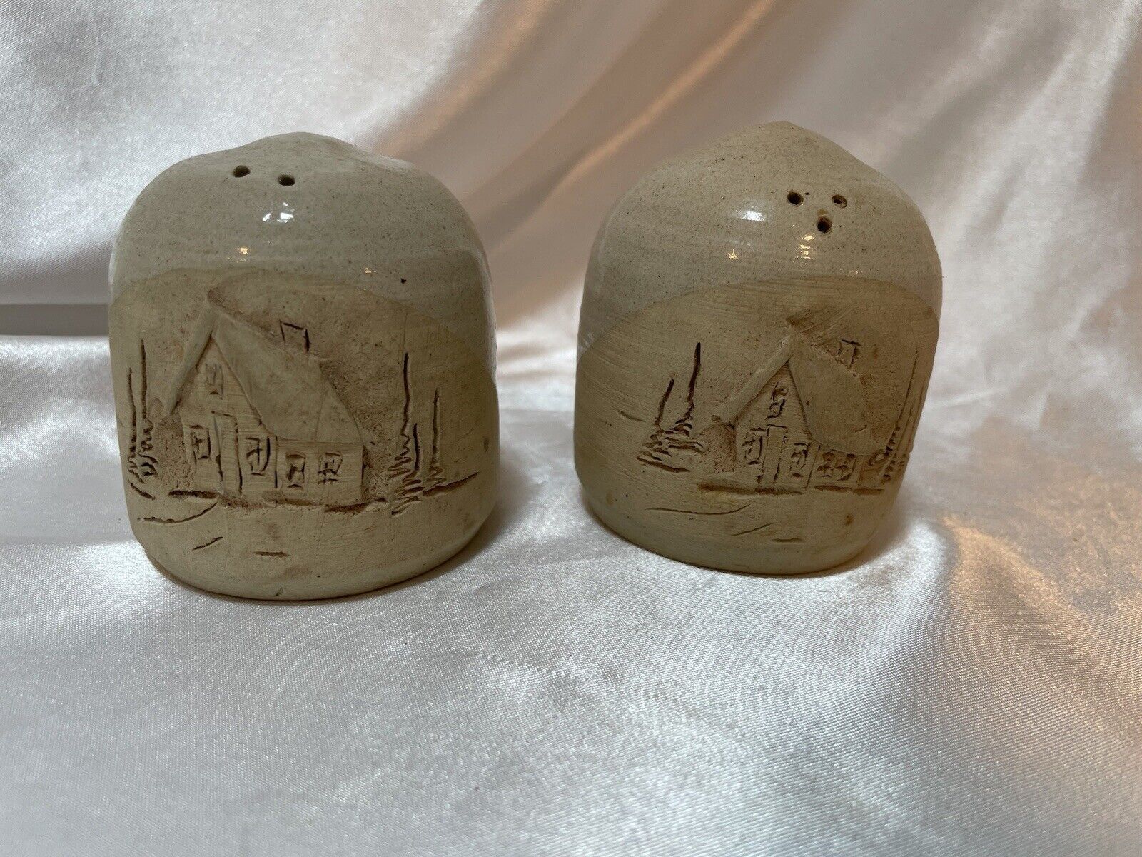 Vtg Handmade Pottery Salt Pepper Shakers Signed Cork House Carved Design