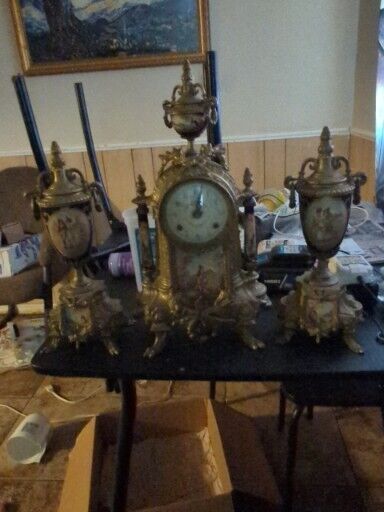 Vintage Bronze & Sevres style porcelain 3 piece 8 day mantle clock garniture set