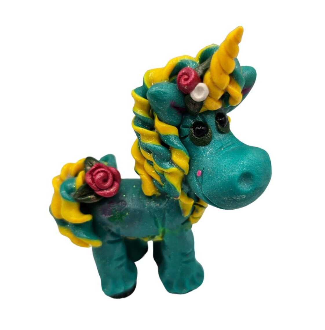 Custom OOAK Clay Unicorn Figurine Signed Whimsical Bright Teal and Yellow