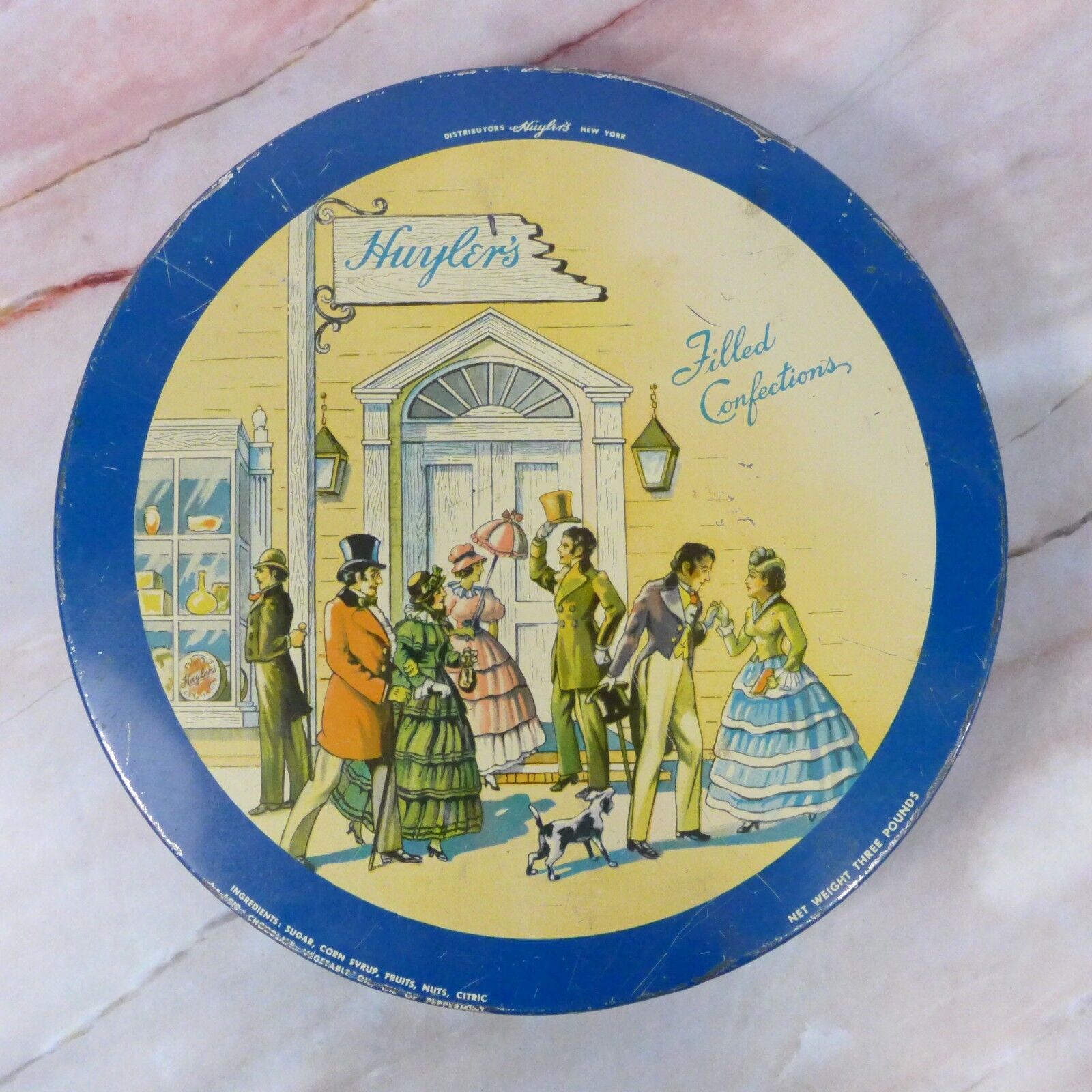 Antique Huyler\'s Filled Confections Empty Victorian Blue Candy Tin 10.60\