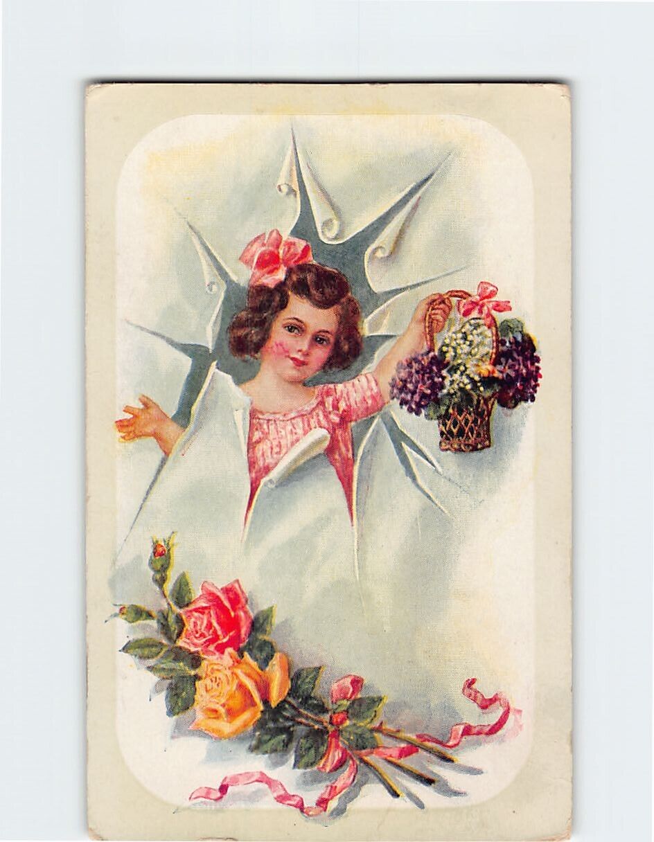Postcard Girl With Flower Basket Flower Art Print