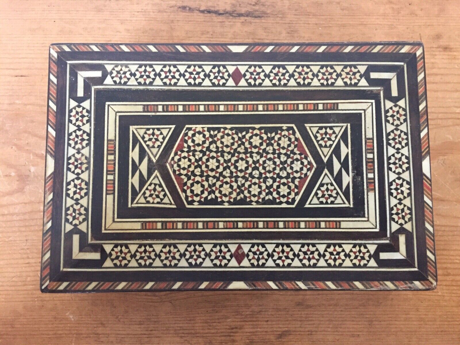 Vtg Moroccan Mosaic Inlay Mother Pearl Bone Marquetry Wood Trinket Jewelry Box