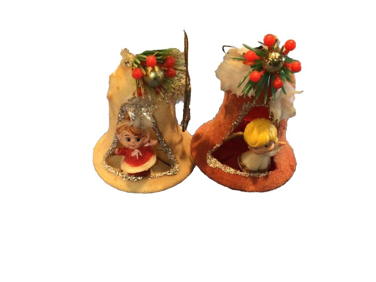 2 Vintage Diorama Bell Christmas Tree Ornaments Pixie Elf’s